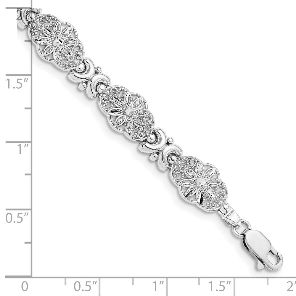 14K White Gold Polished and Textured Fancy Floral Link 7.5 inch Bracelet