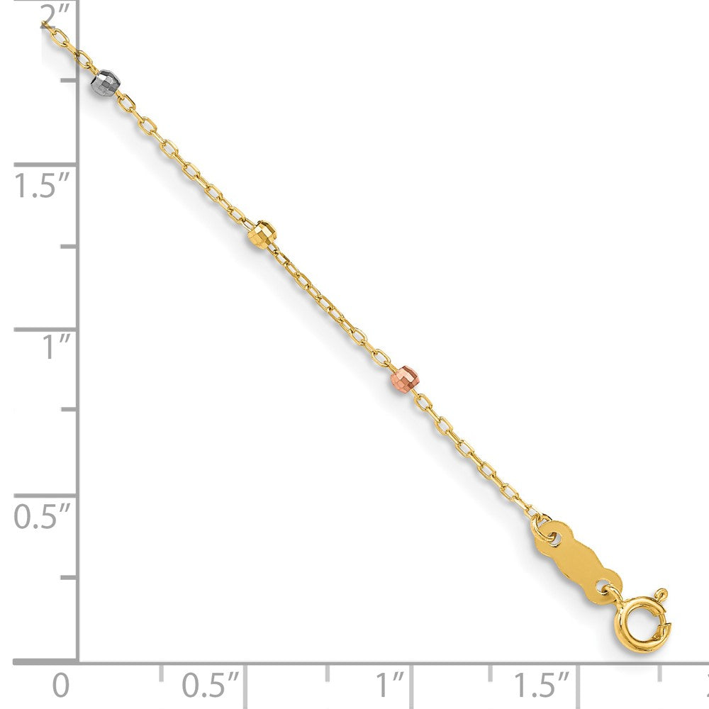 14K Tri-color Diamond-cut Beaded 7 inch Bracelet Plus 1 inch Cross Extender