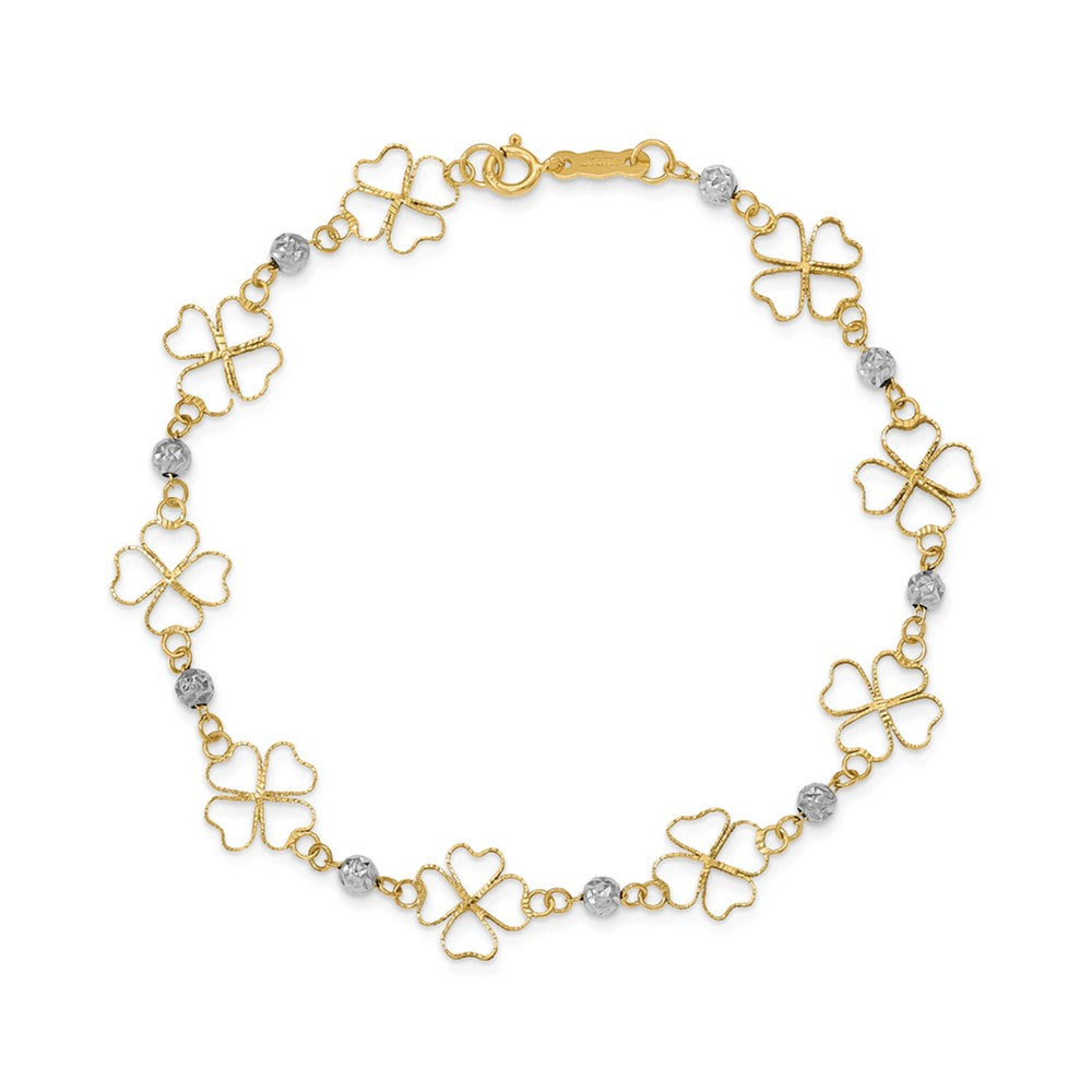 14k Two-tone Diamond-cut Open 4-Leaf Clovers and Beads 7.5 inch Bracelet