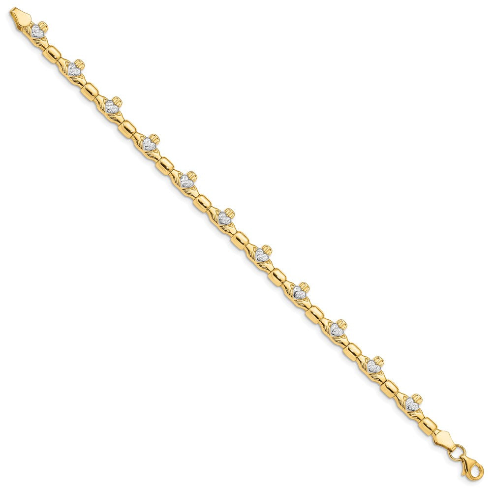 14K with White Rhodium Diamond-cut Claddagh Polished Link 7.25 inch Bracelet