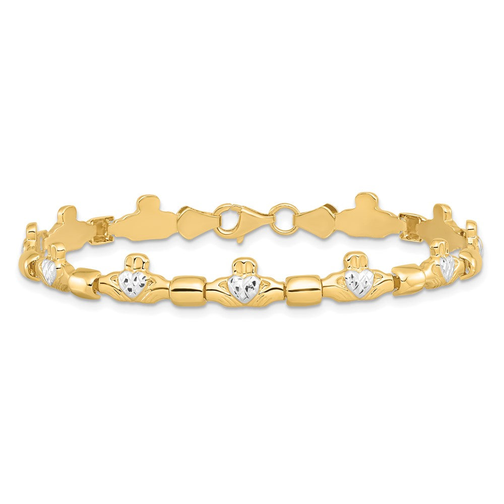 14K with White Rhodium Diamond-cut Claddagh Polished Link 7.25 inch Bracelet
