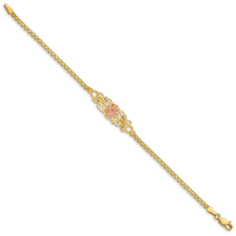 14K Two-tone Brushed and Polished Flower with Butterflies and Bismark Chain 7 inch Bracelet
