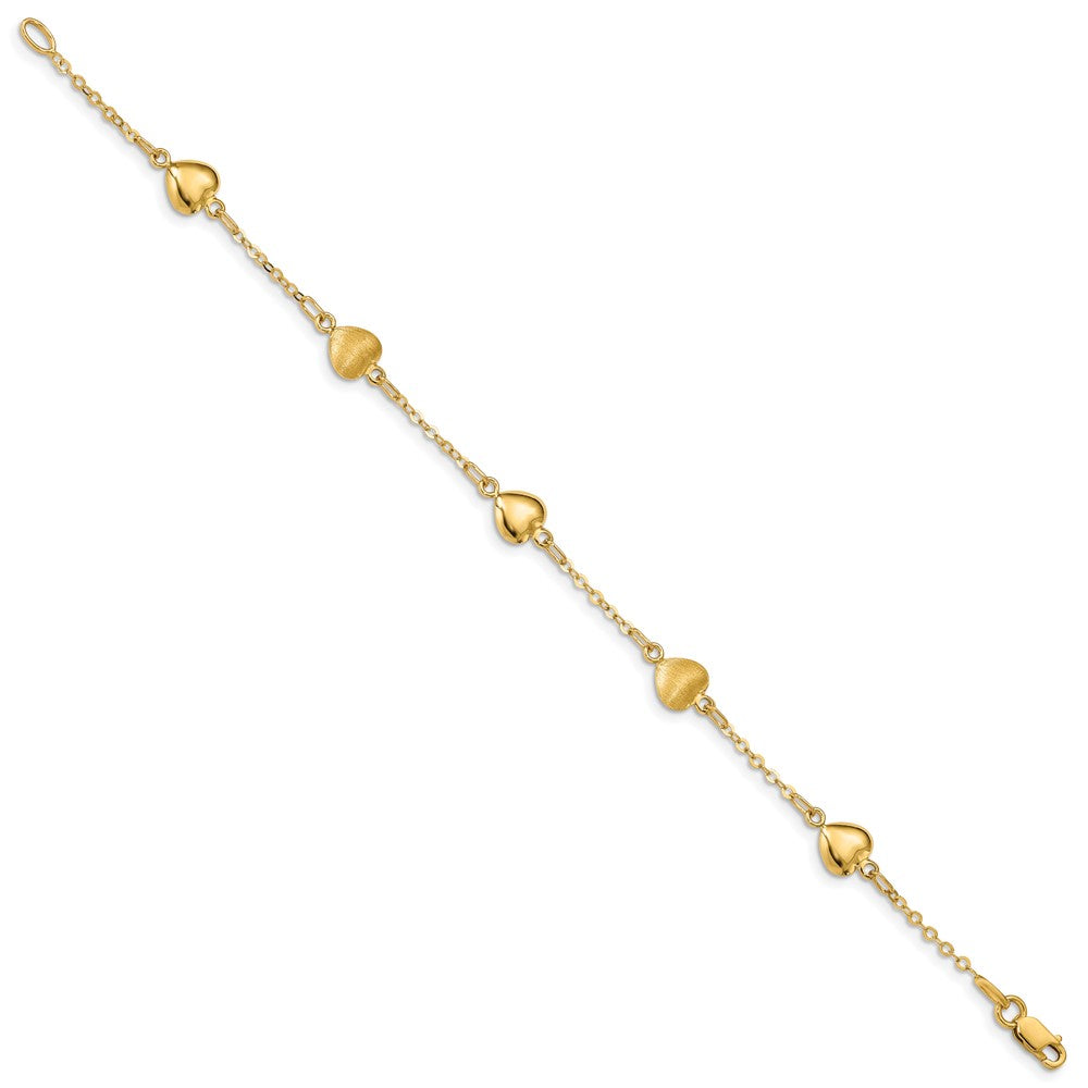 14K Brushed and Polished Puffed Hearts 7 inch Bracelet