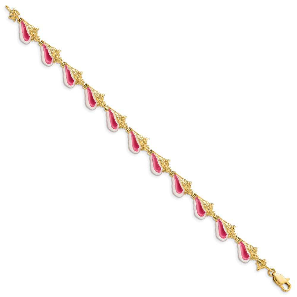 14K Pink and White Enameled 3-D Conch Shell 7.25 inch Bracelet