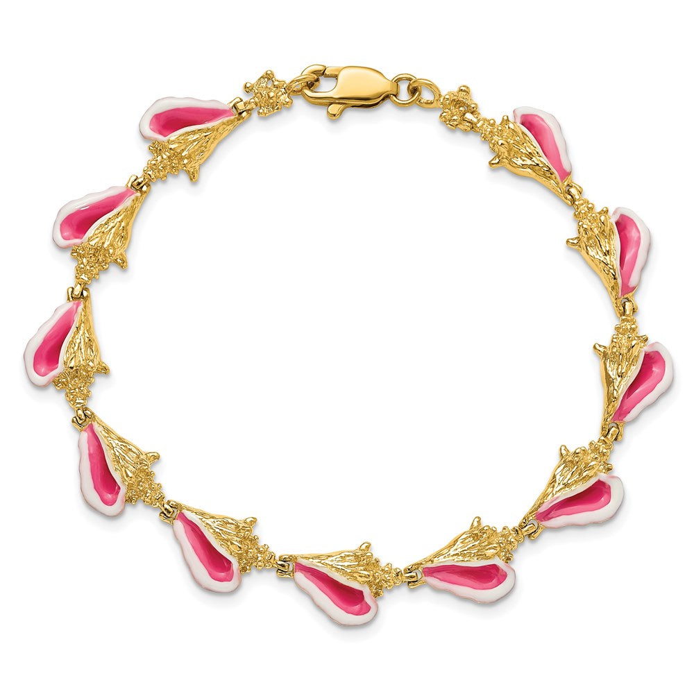 14K Pink and White Enameled 3-D Conch Shell 7.25 inch Bracelet