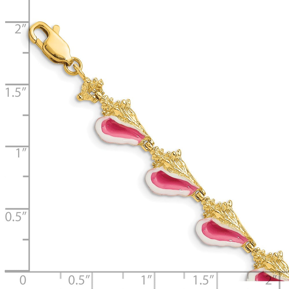 14K Pink and White Enameled 3-D Conch Shell 7.25 inch Bracelet