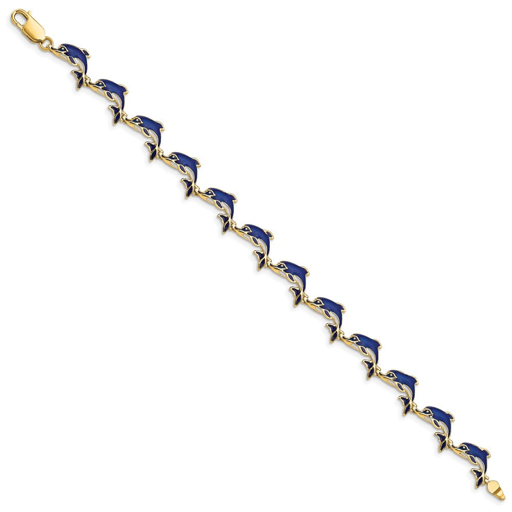 14k Blue Enameled Dolphin 7.25 inch Bracelet
