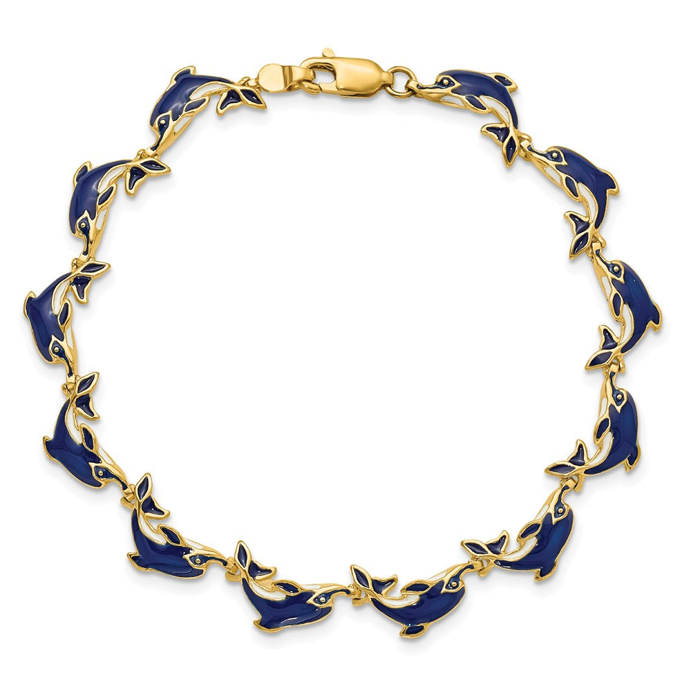 14k Blue Enameled Dolphin 7.25 inch Bracelet