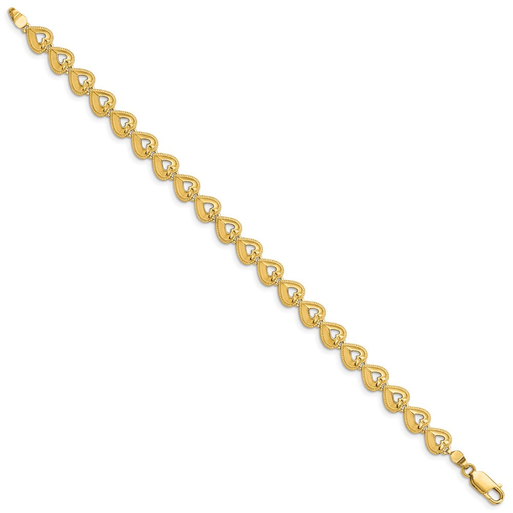 14K Polished Beaded Cut-out Hearts 7 inch Bracelet