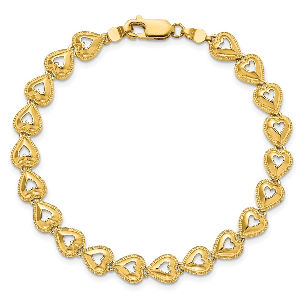 14K Polished Beaded Cut-out Hearts 7 inch Bracelet
