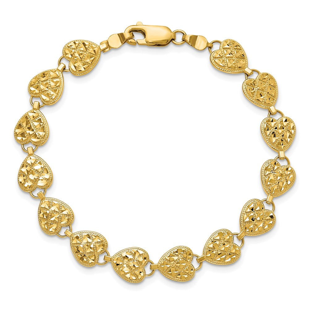 14K Polished Diamond-cut Hearts 7 inch Bracelet