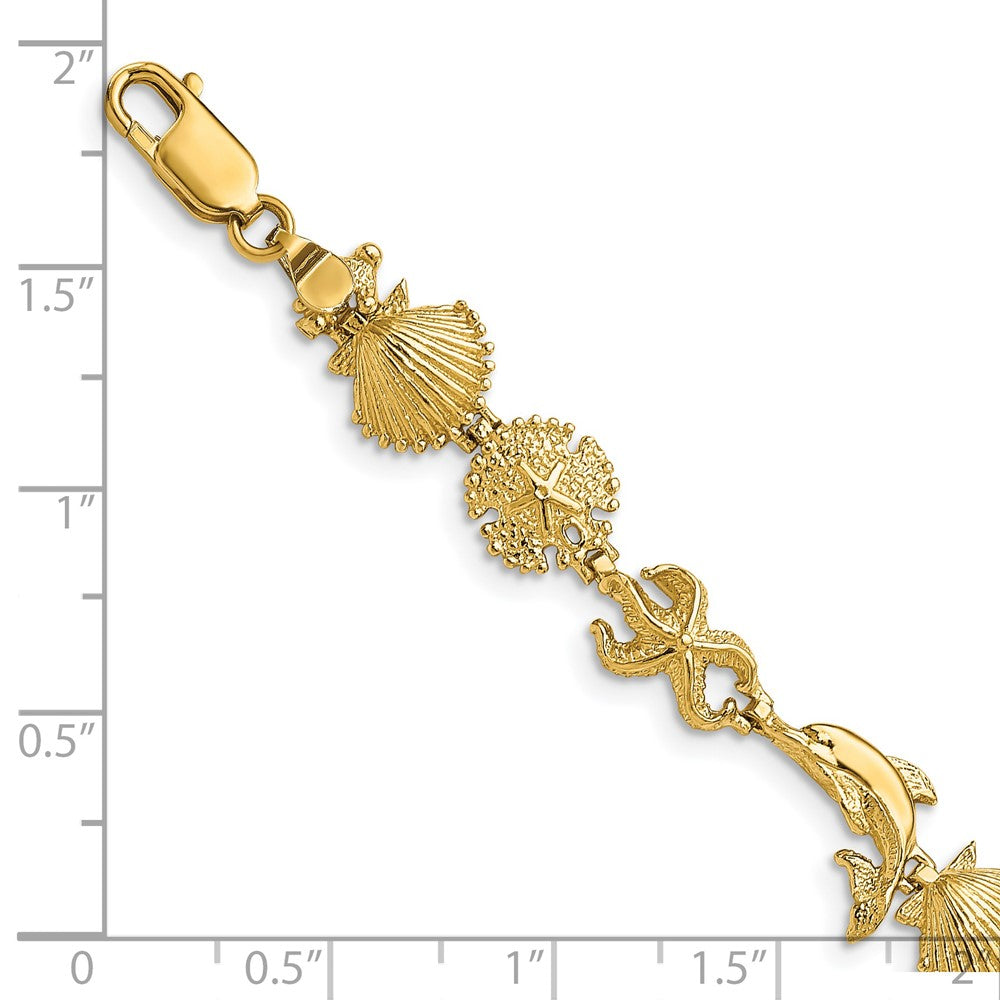 14K Polished Dolphin and Sea Shells 7 inch Bracelet