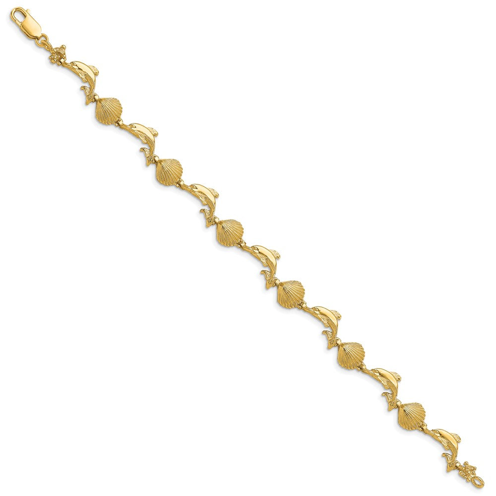 14K Polished Dolphin and Shell 7.25 inch Bracelet