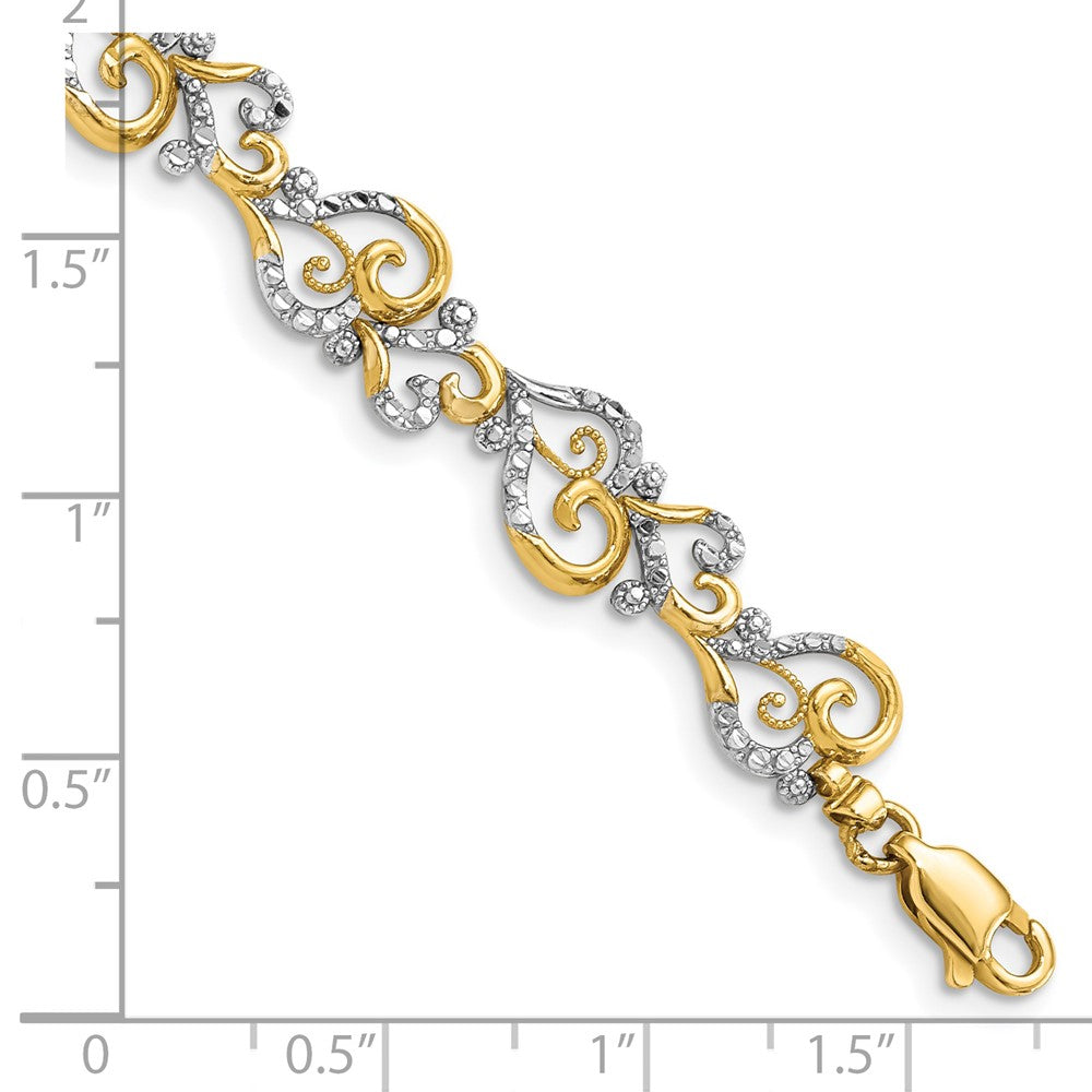 14K and White Rhodium Diamond-Cut Fancy Swirls 7.5 inch Bracelet