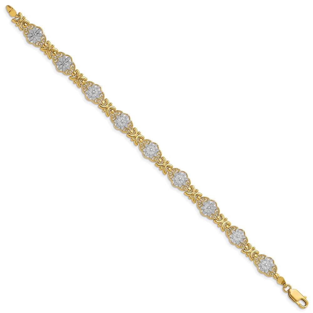 14k and White Rhodium Polished and Textured Fancy Floral Link 7.5 inch Bracelet
