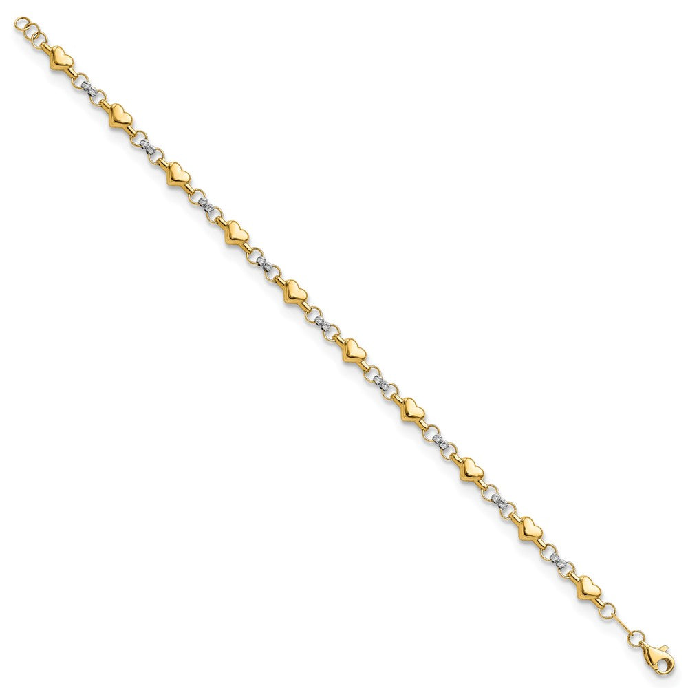 14K Two-tone Polished Puffed Hearts with Diamond-cut Beads 7.5 inch Bracelet