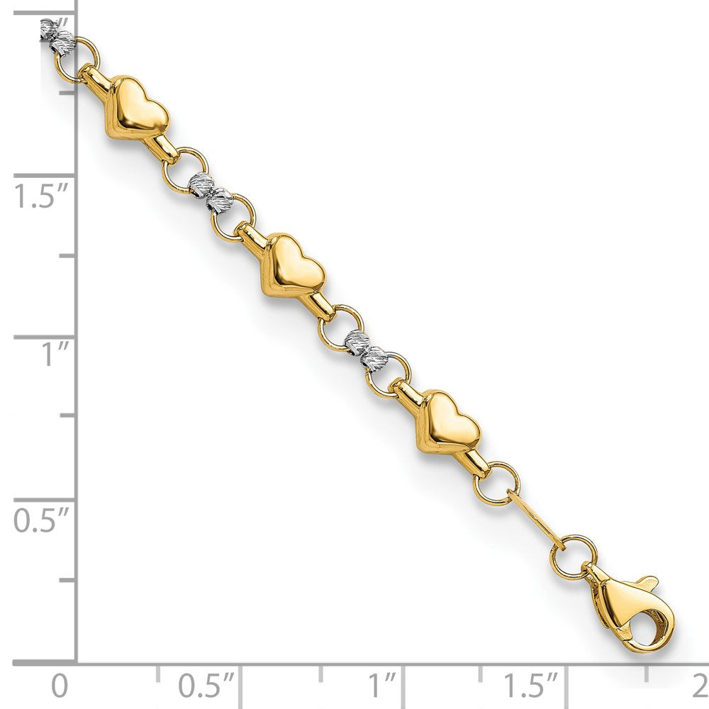14K Two-tone Polished Puffed Hearts with Diamond-cut Beads 7.5 inch Bracelet