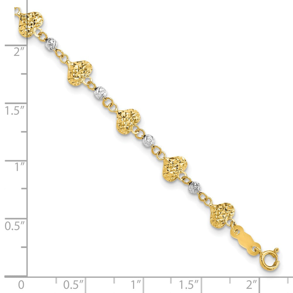 14K Two-tone Diamond-cut Hearts and Beads 7 inch Bracelet