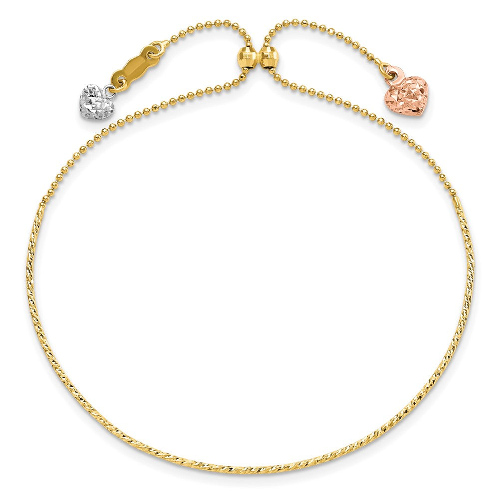 14K Tri-color Diamond-cut Heart Dangles Half Bangle Adjustable Bracelet