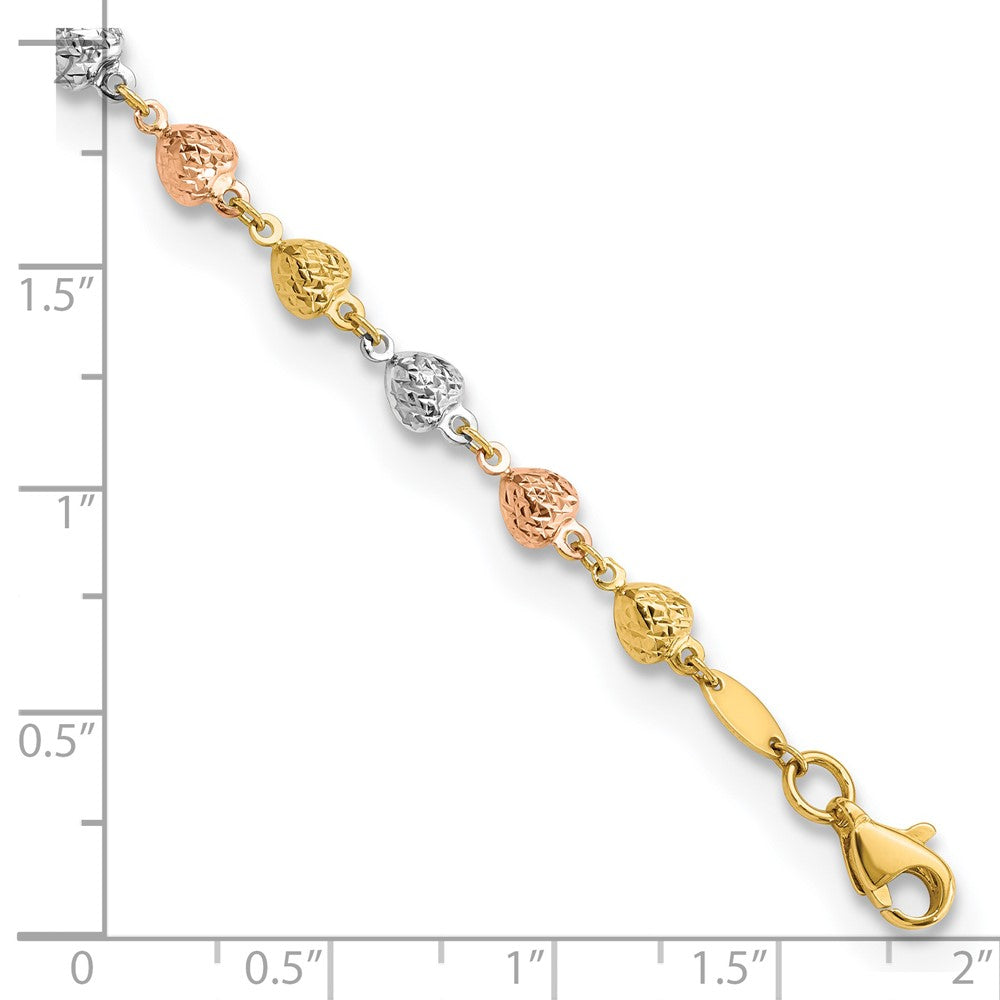 14K Tri-color Polished Diamond-Cut Hearts 7.5 inch Bracelet