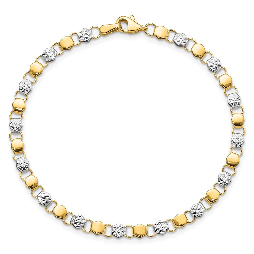 14K and White Rhodium Diamond-cut Fancy Link 7.5 inch Bracelet