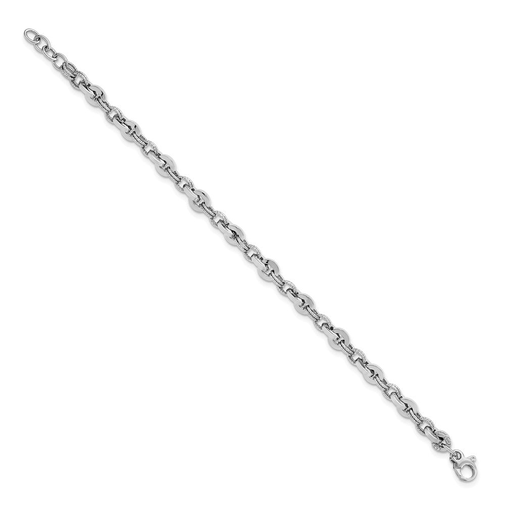 14K White Gold Polished and Textured Fancy Link 8 inch Bracelet