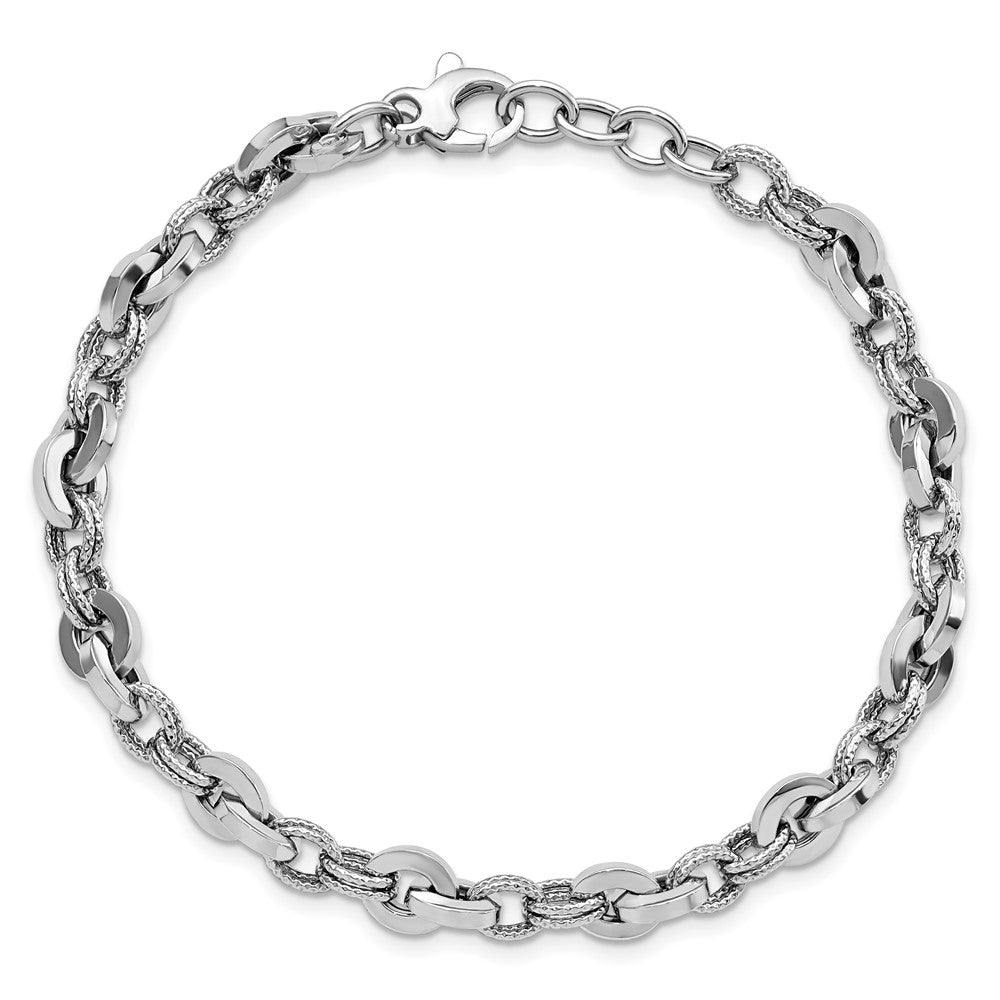 14K White Gold Polished and Textured Fancy Link 8 inch Bracelet