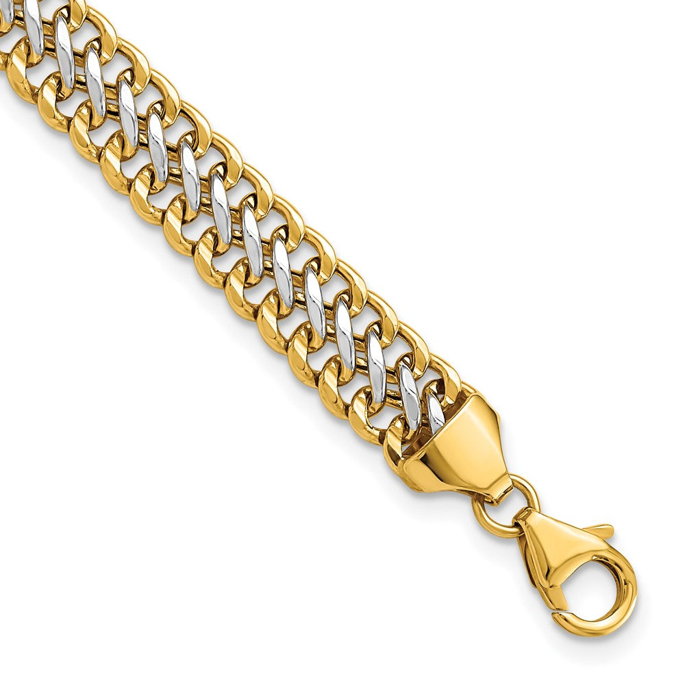 14K and White Rhodium Polished 7.4mm Fancy Link 8 inch Bracelet