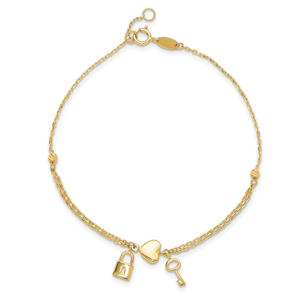 14K Polished and Diamond-cut Heart Lock and Key 7 inch Bracelet Plus 0.5 inch Extender