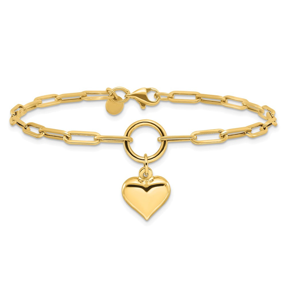 14K Polished Puffed Heart Dangle Paper Clip Link 7.25 inch Bracelet