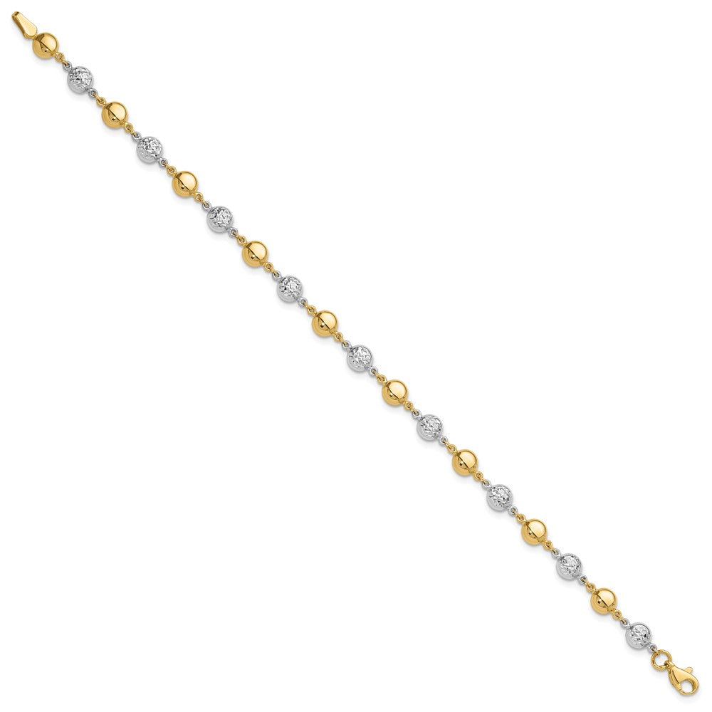 14K Two-tone Polished and Diamond-cut Puffed Beads 7.75 inch Bracelet