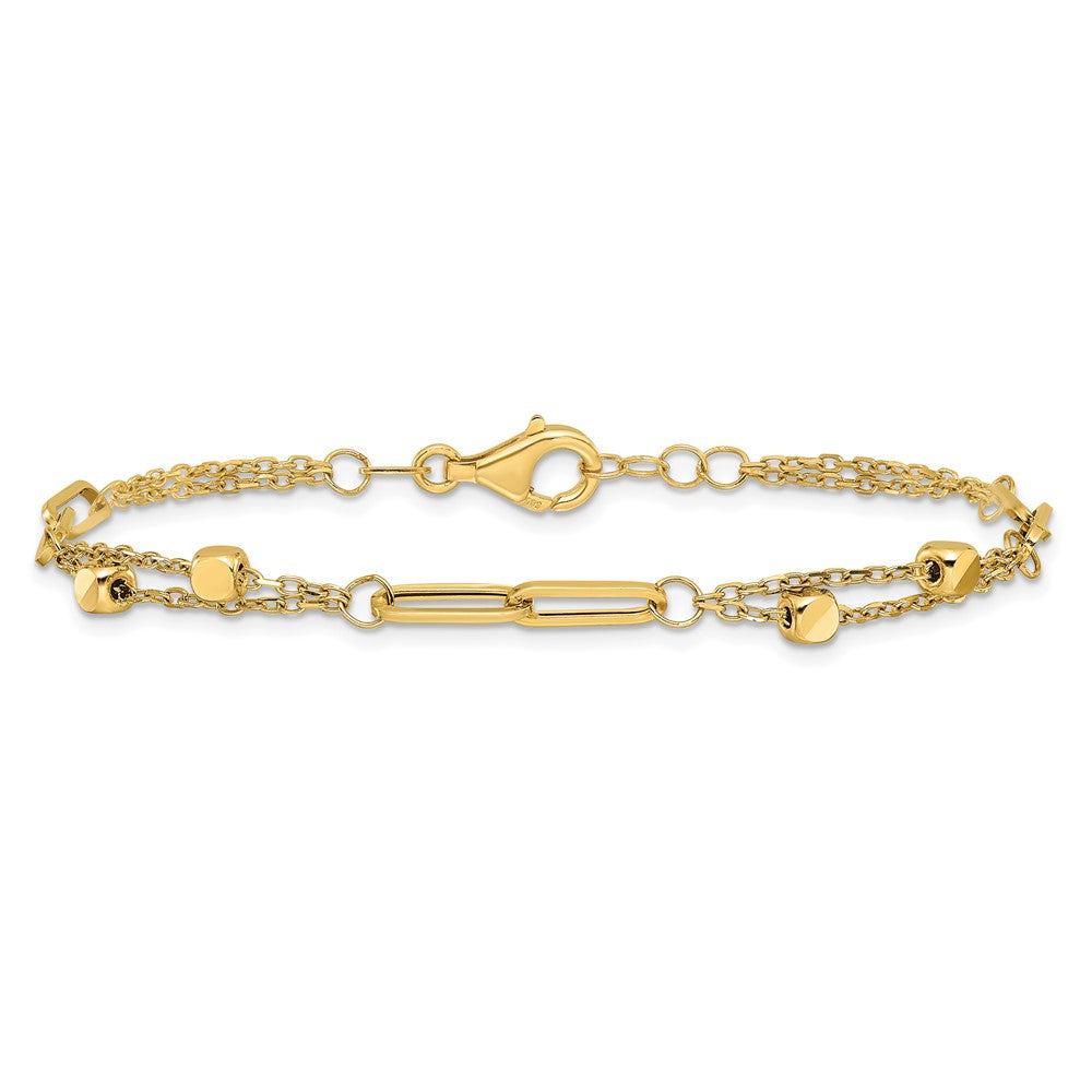 14K Polished Square Beads and Paperclip Link 7 inch Bracelet Plus 0.5 inch Extender