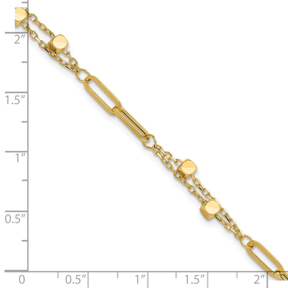 14K Polished Square Beads and Paperclip Link 7 inch Bracelet Plus 0.5 inch Extender
