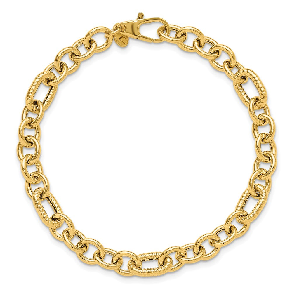 14K Polished and Textured 6.4mm Fancy Link 7.5 inch Bracelet