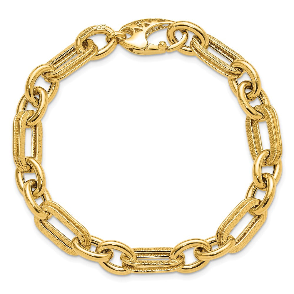 14K Polished and Textured 7.7mm Fancy Link 7.5 inch Bracelet