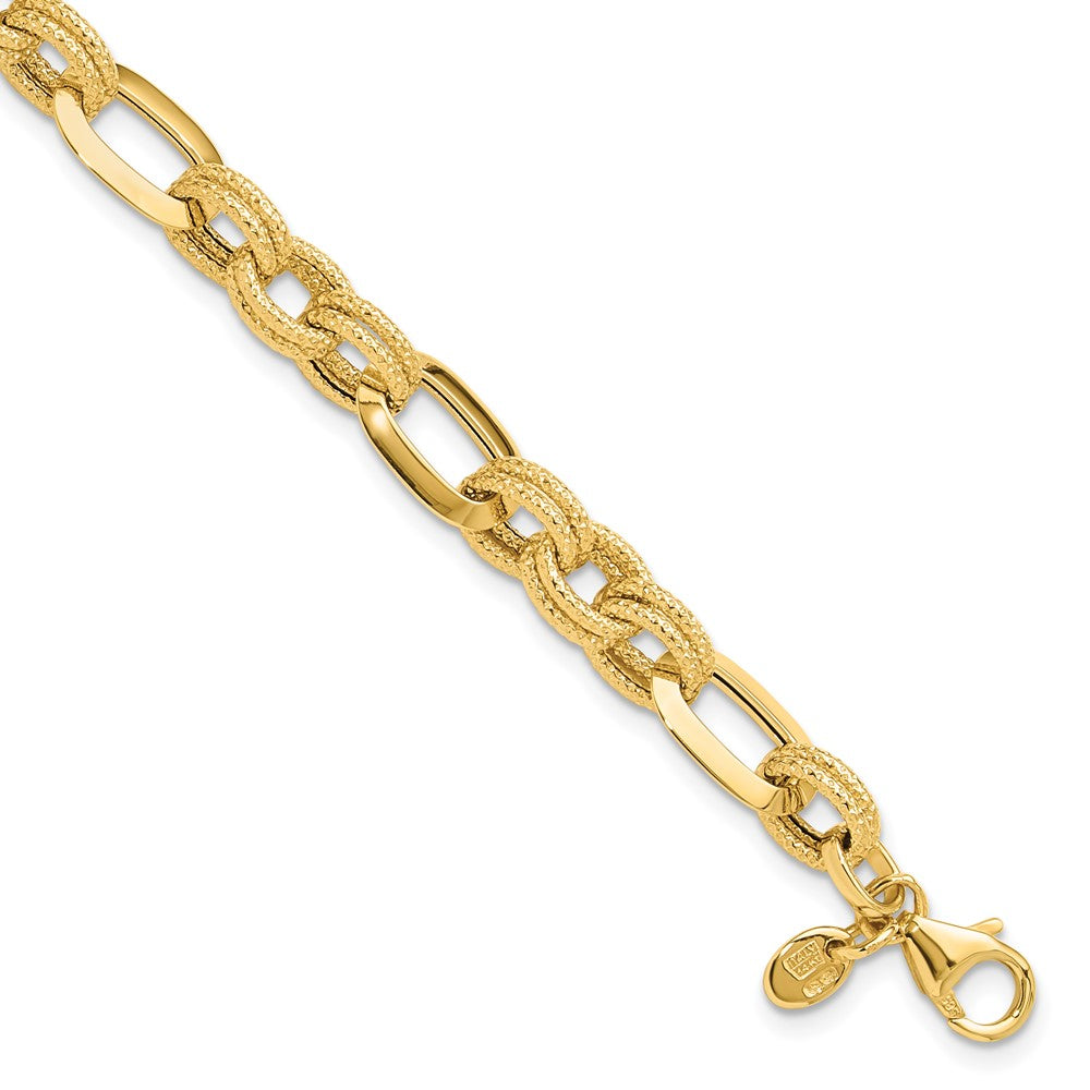14K Polished and Textured 7.8mm Fancy Link 7.5 inch Bracelet