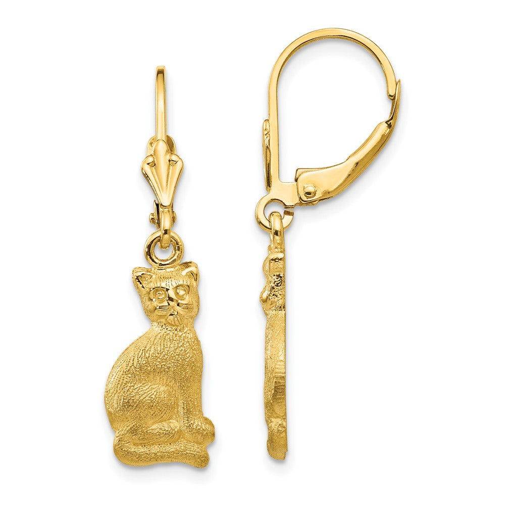 Solid;Casted;14k Yellow gold;Leverback;Dangle;Polished & satin