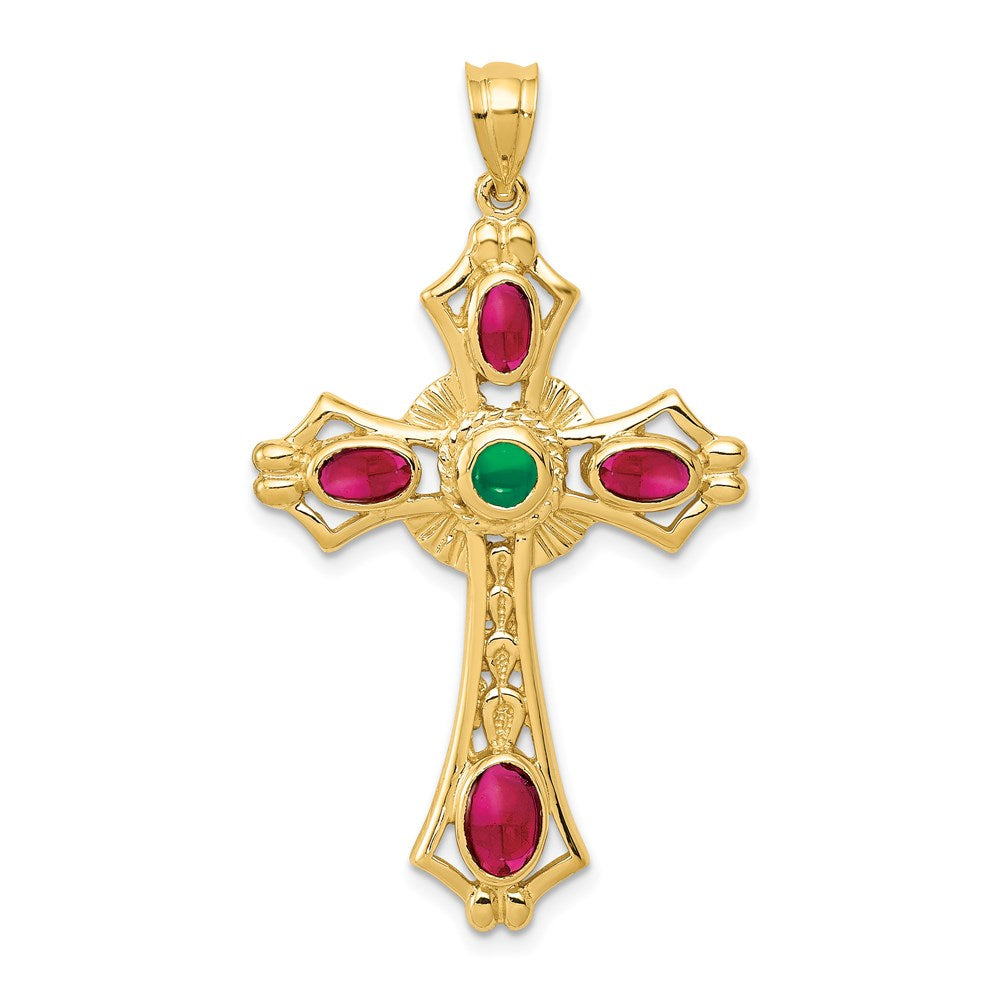 Solid;Casted;Polished;14k Yellow gold;Genuine;Emerald;Ruby;Cabochon