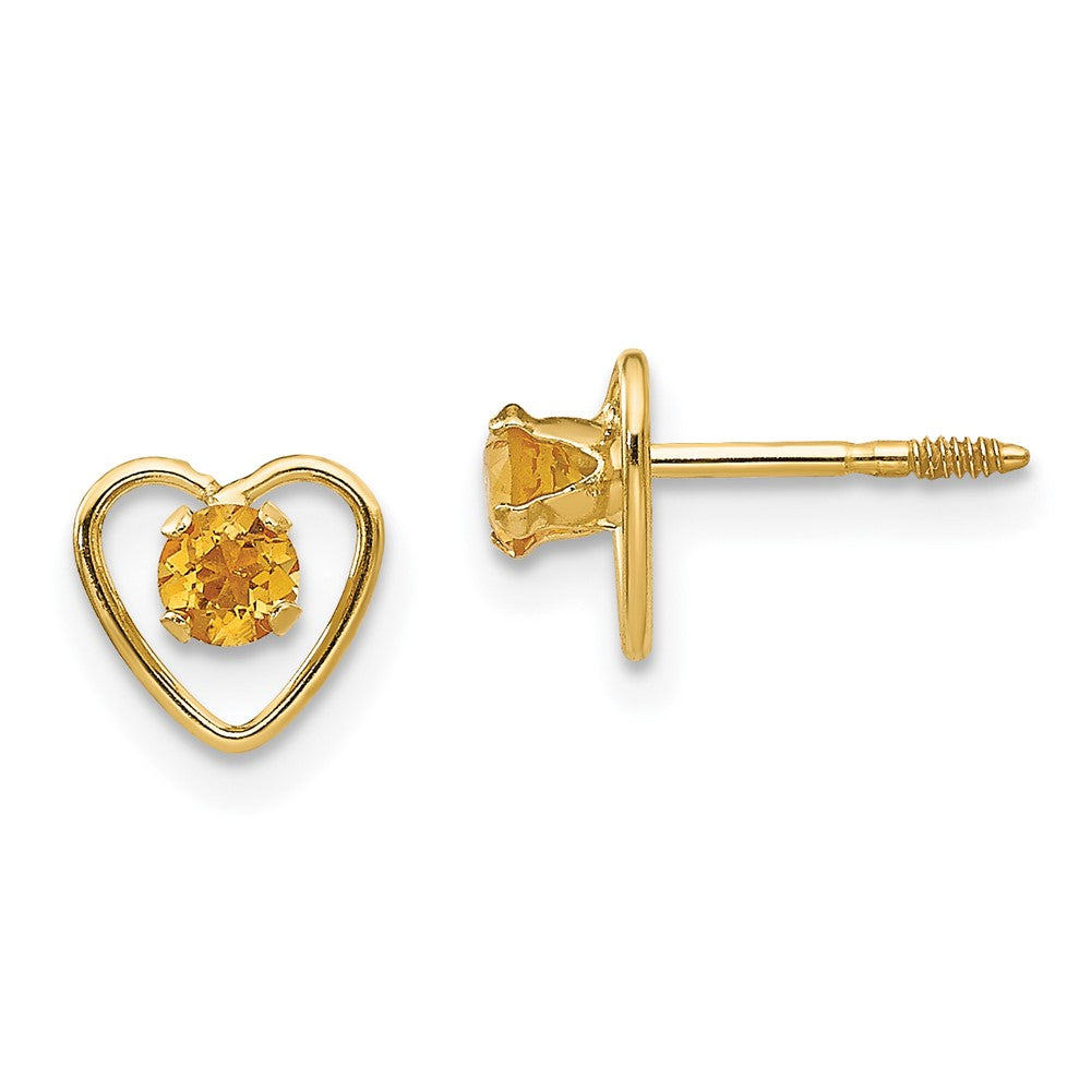 Polished;14k Yellow gold;Post;Genuine;Citrine;Screw back;Heart