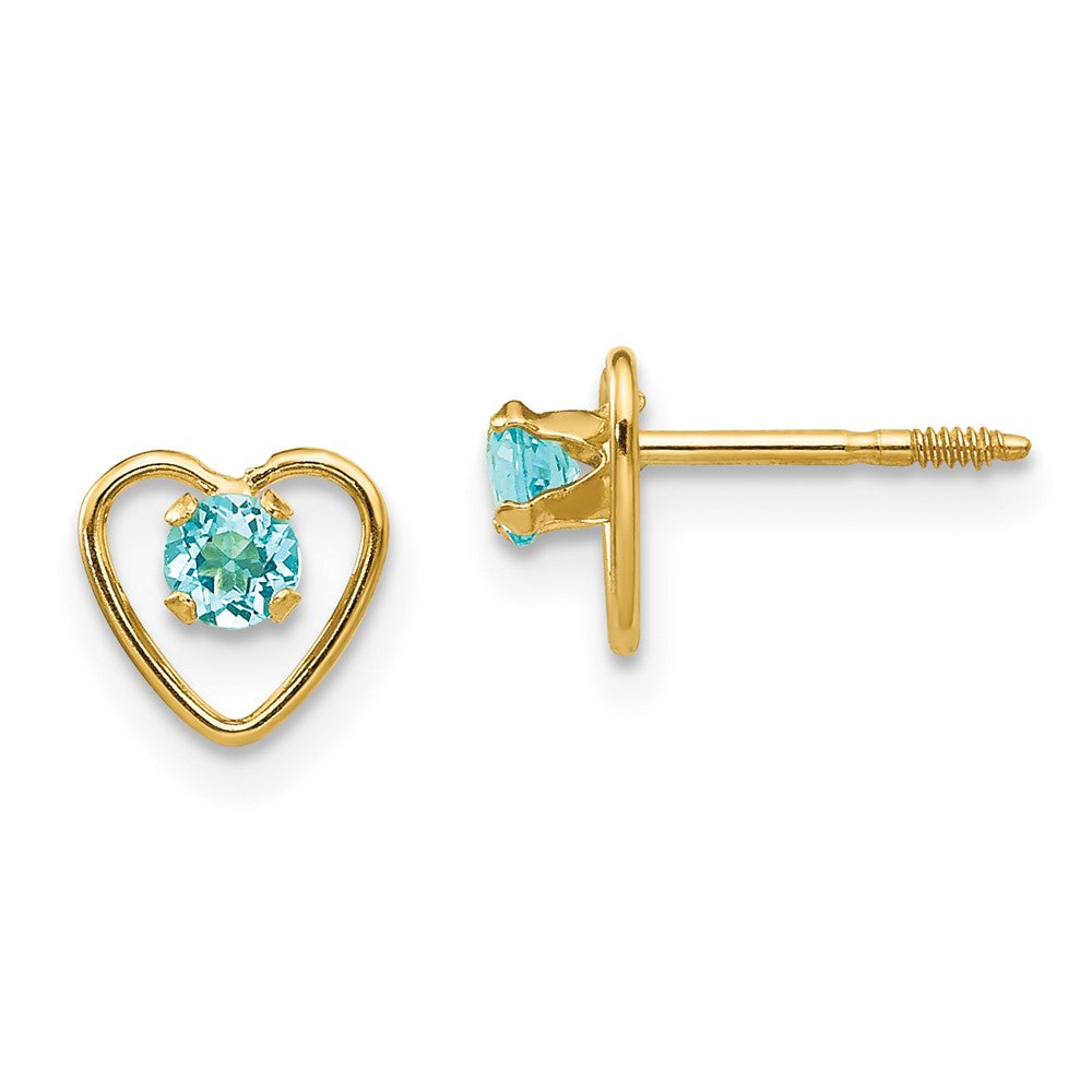 Polished;14k Yellow gold;Post;Screw back;Heart;Blue Zircon