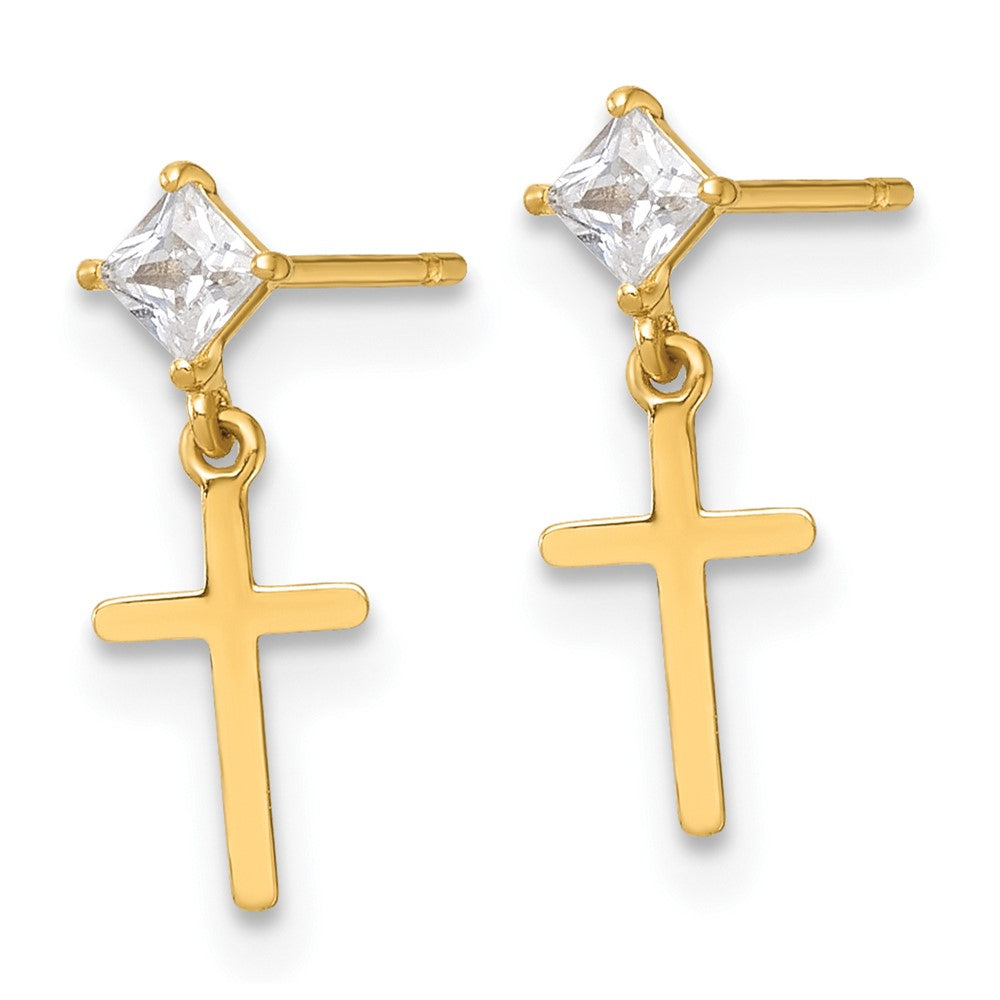 14k Madi K Polished CZ Cross Childrens Dangle Post Earrings