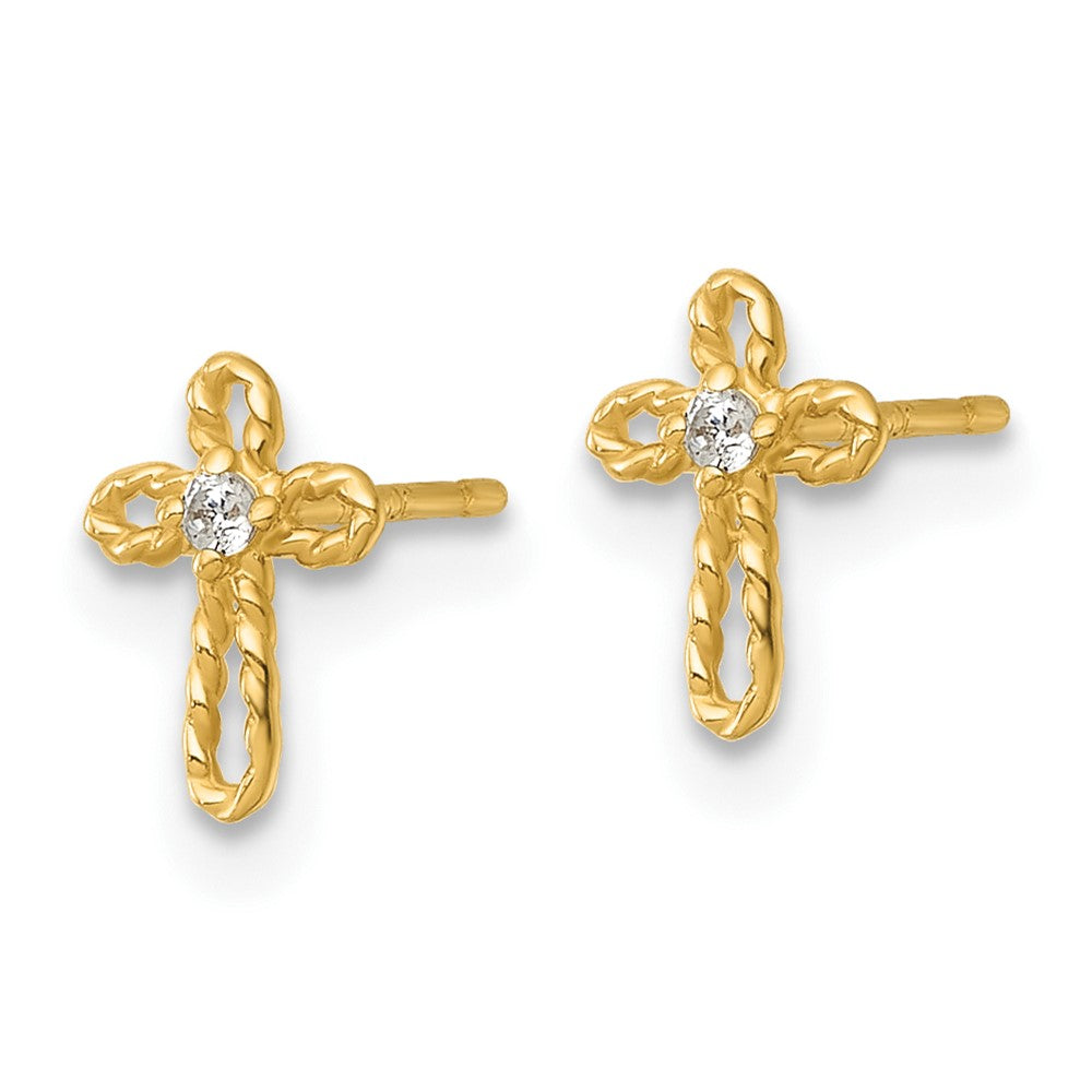 14k Madi K Polished and Twisted CZ Cross Childrens Post Earrings
