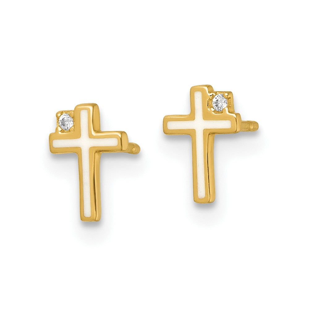 14k Madi K Polished White Enameled CZ Cross Childrens Post Earrings