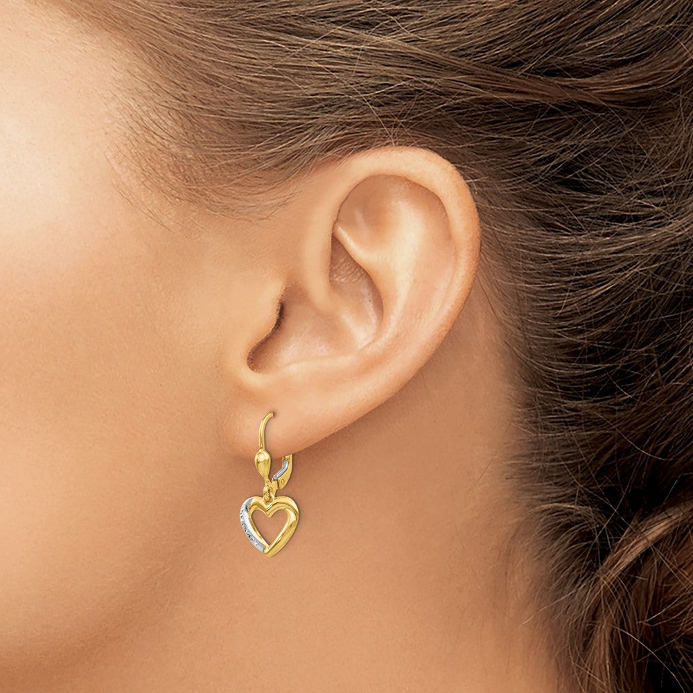 14K and Rhodium Textured and Polished Heart Leverback Earring