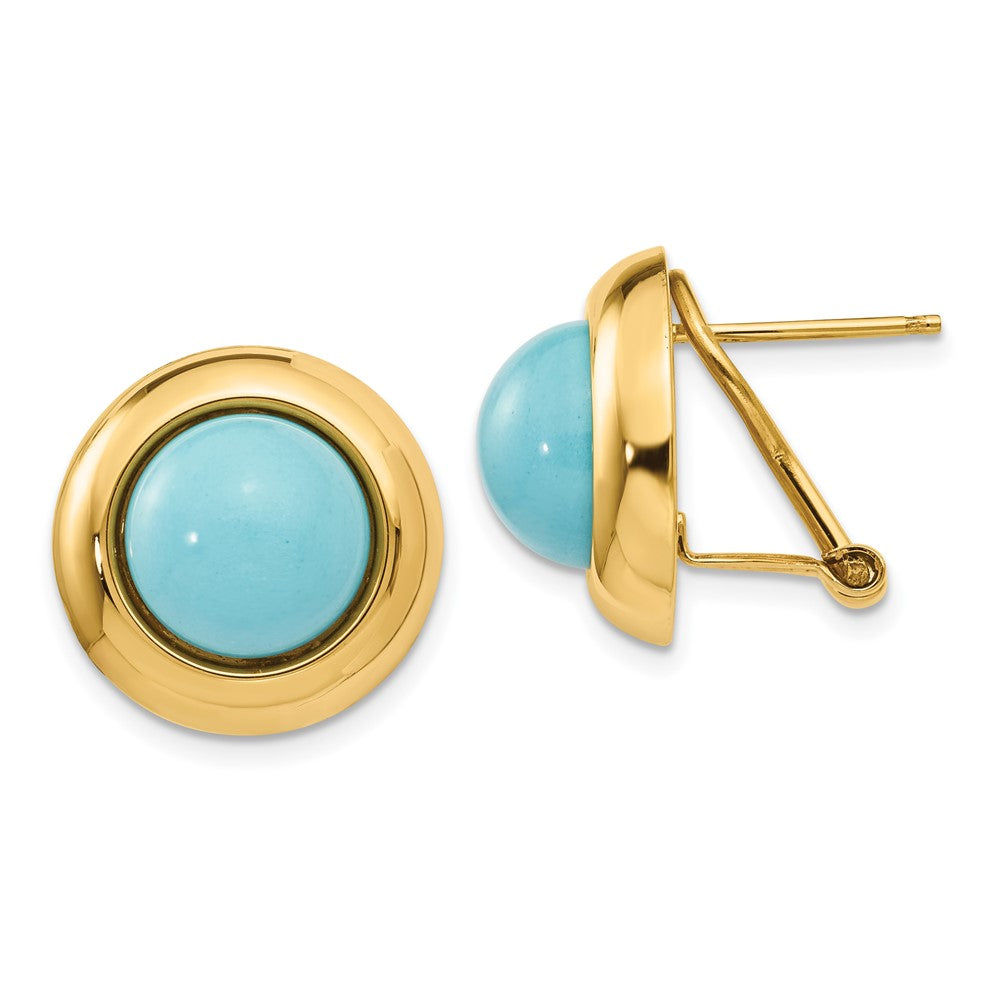Polished;14k Yellow gold;Flat back;Omega back;Turquoise