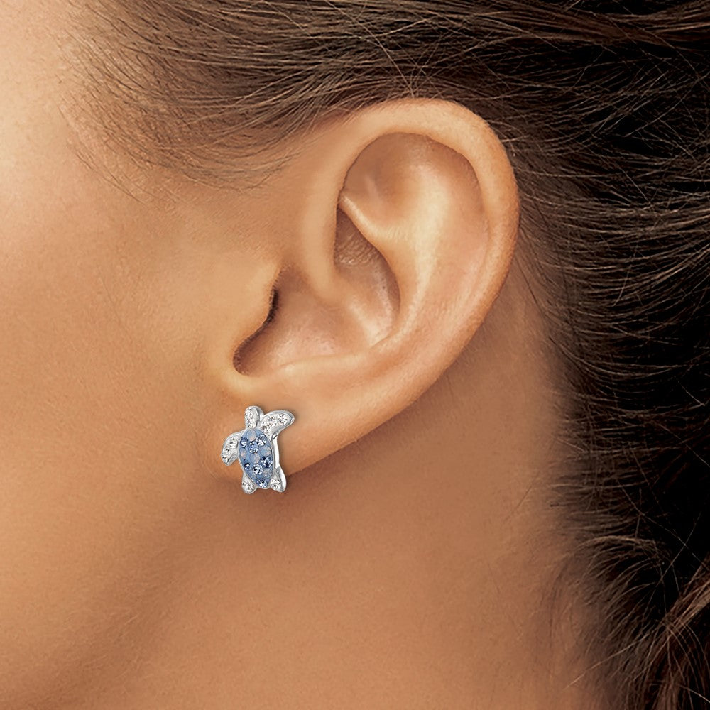 Sterling Silver Rhodium-plated Polished Blue and White Crystal Turtle Post Earrings