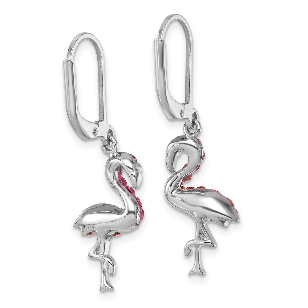 Sterling Silver Rhodium-plated Polished Pink Crystal Flamingo Leverback Earrings