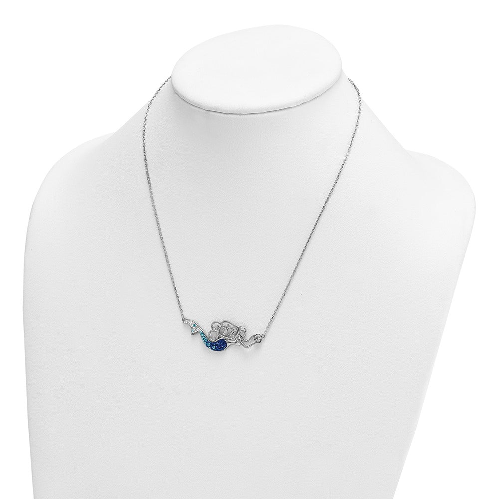 Sterling Silver Rhodium-Plated Polished Blue and White Crystal Mermaid 18.5 inch with a 1 inch extention Necklace