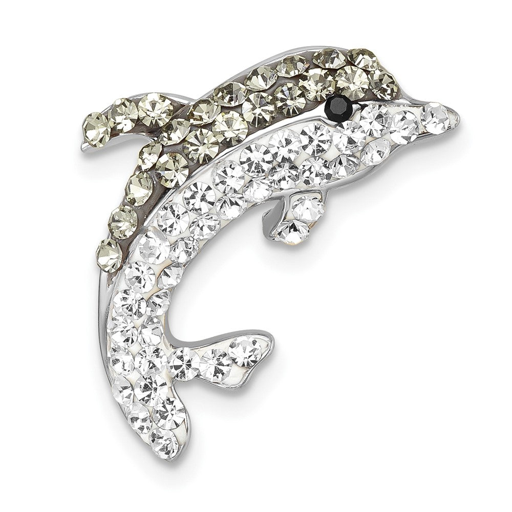 Sterling Silver Rhodium-Plated Polished Gray and White Crystal Dolphin Chain Slide