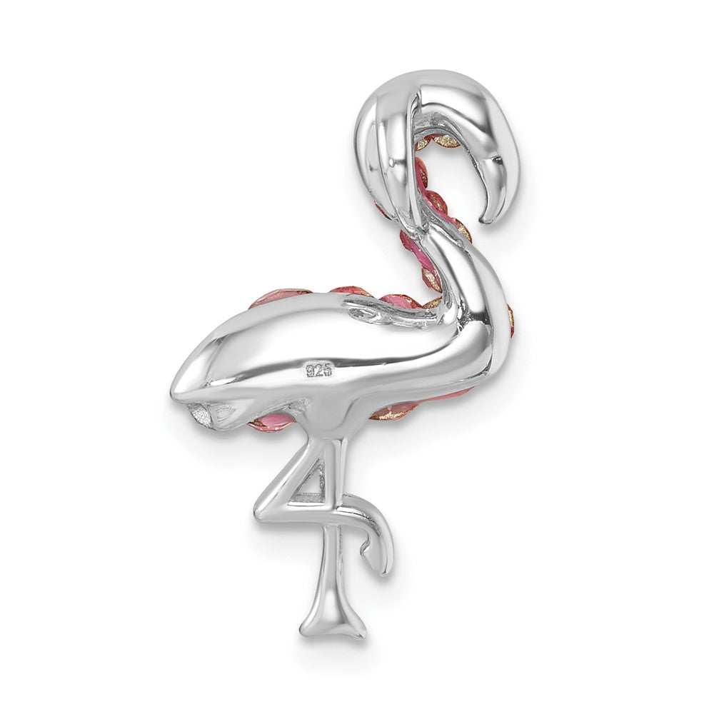 Sterling Silver Rhodium-plated Polished Pink Crystal Flamingo Chain Slide